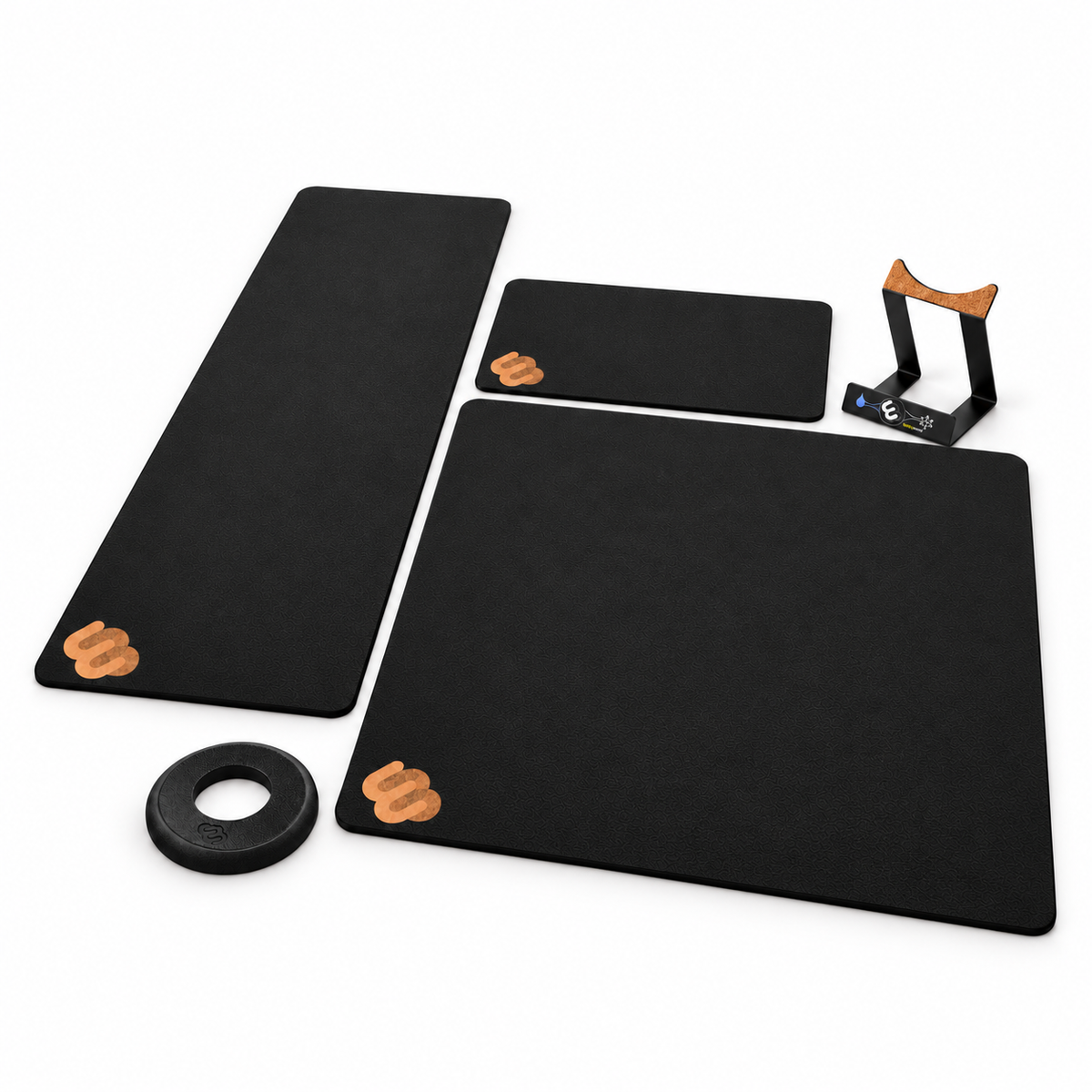 Whirly Accessories: full-size Fitness, Standing Desk and Shred Session mats with the Après Rack and Stabilizer Ring