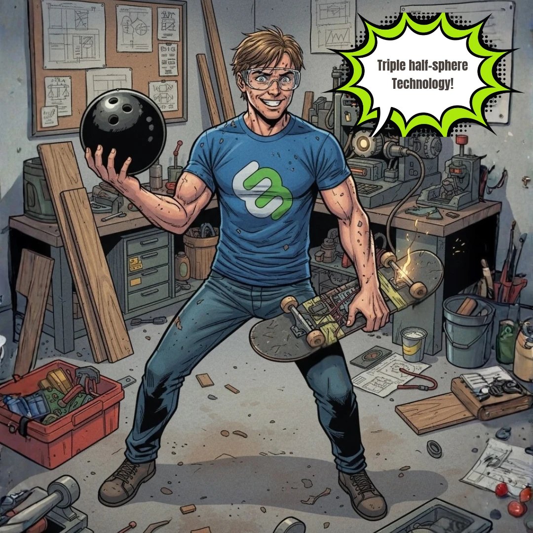 Comic illustration of Erik in his workshop holding a bowling ball