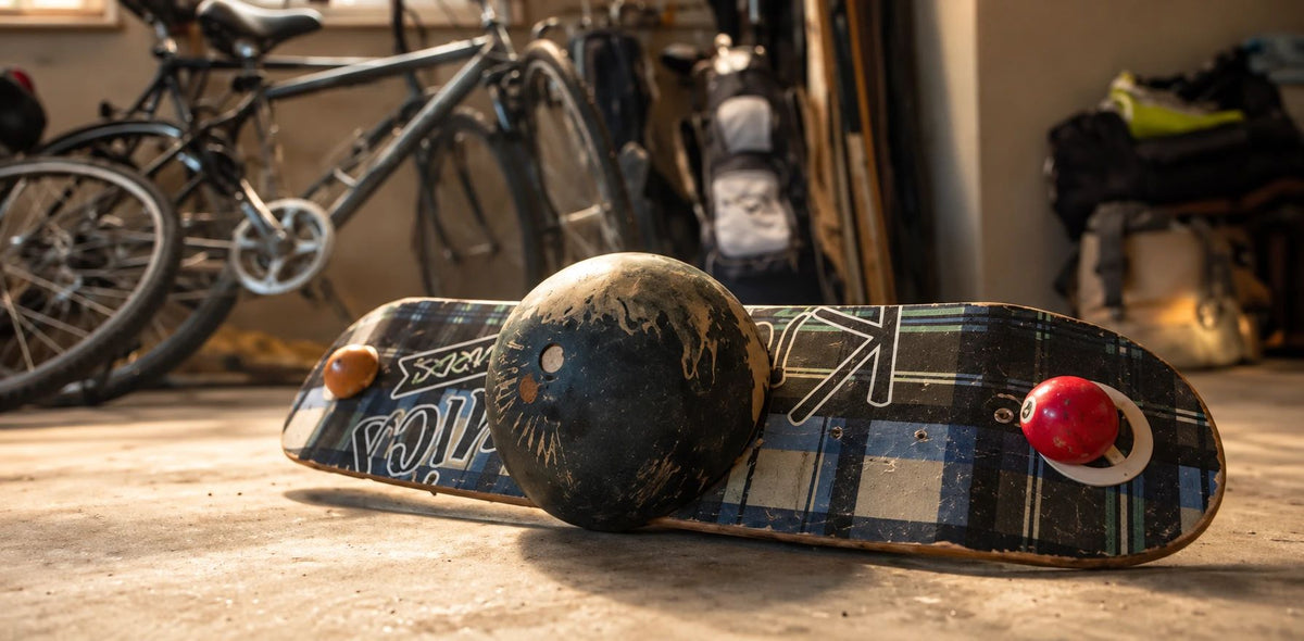 The original prototype: a bowling ball under a skateboard deck in a garage