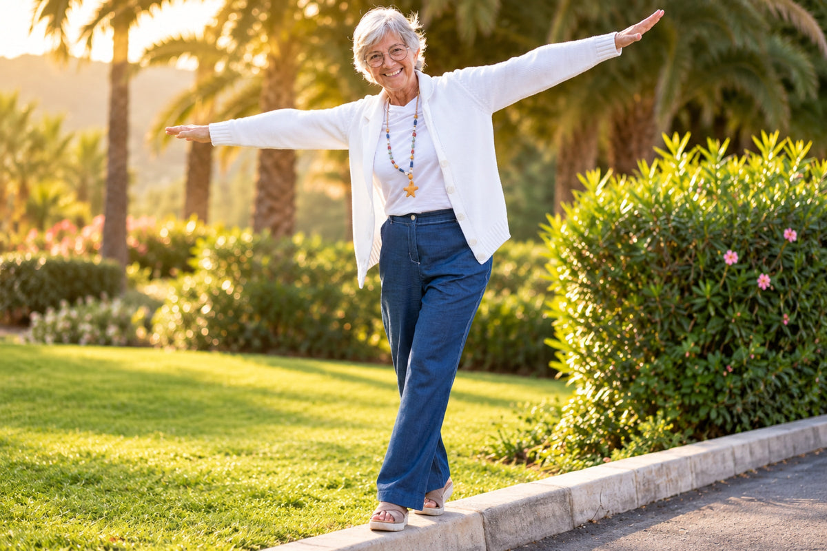 Smiling older woman balancing with arms out in a sunny garden