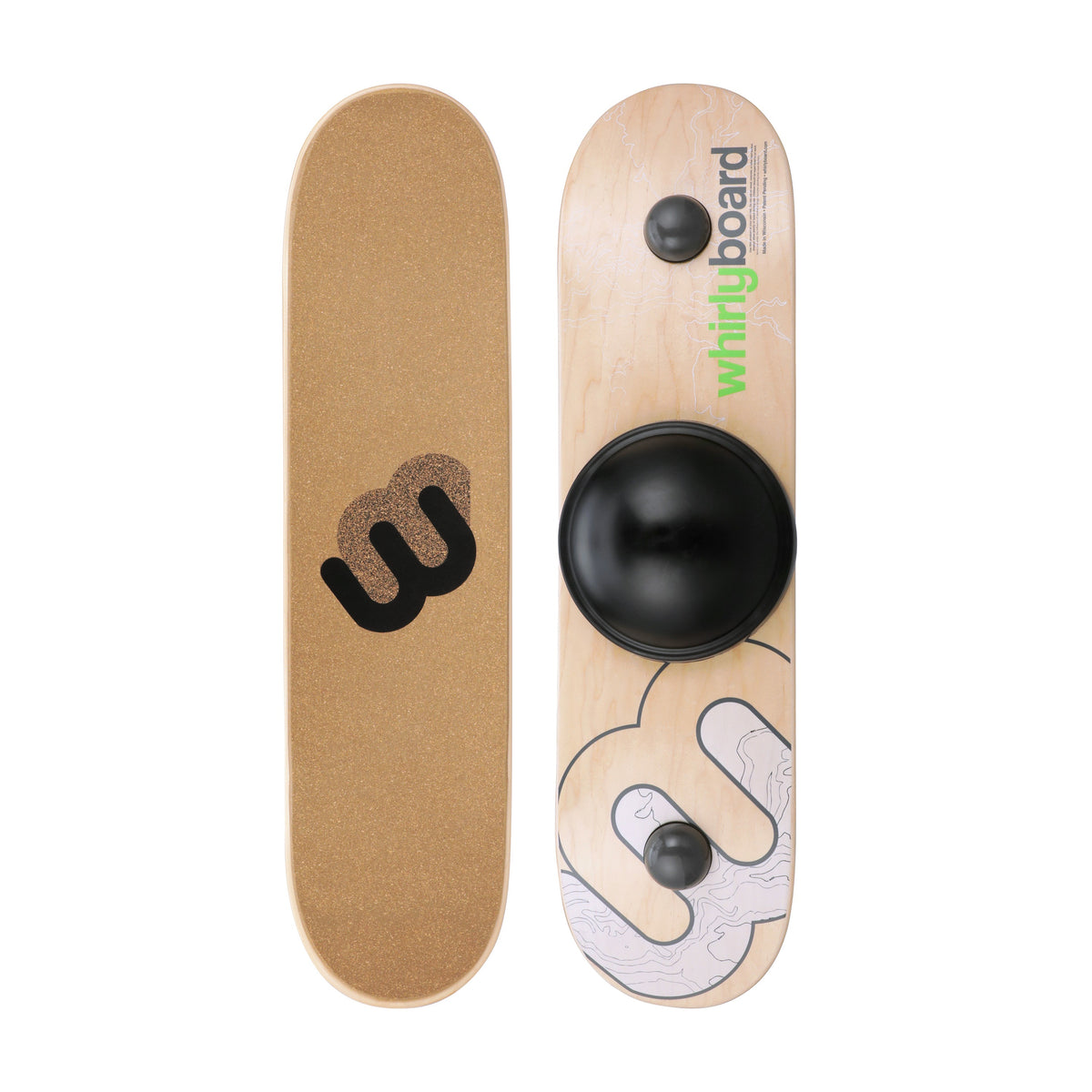 Whirly Sport 360 balance board with natural cork grip, top and underside views