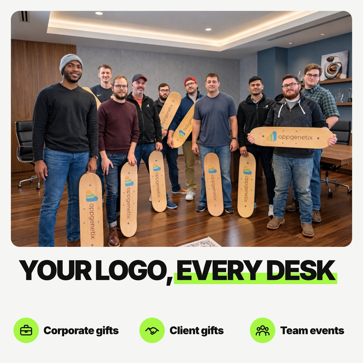 Team holding custom logo Whirly Boards for corporate gifts