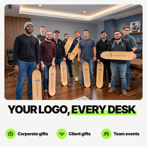 Team holding custom logo Whirly Boards for corporate gifts