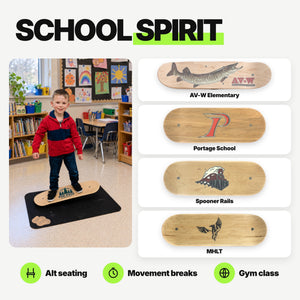 School mascot Whirly Boards and a student balancing in class
