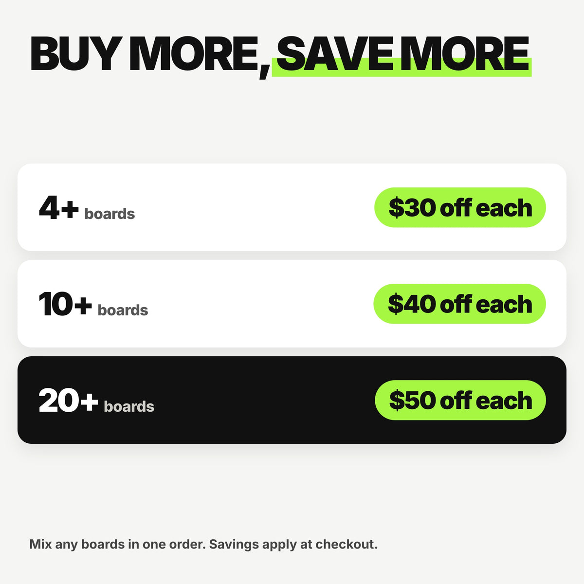 Bulk pricing on custom Whirly Boards: save up to $50 a board
