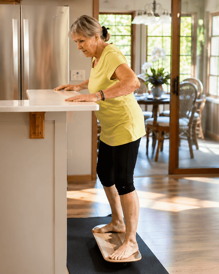 Senior women standing on balance board holding onto the counter