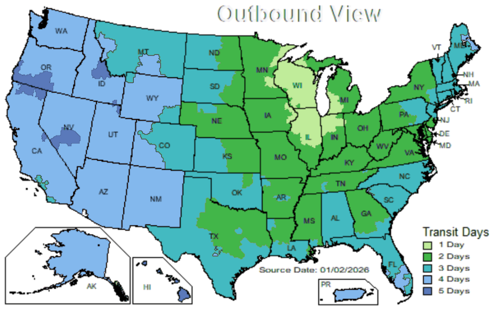 Holiday shipping map: ground transit days from Whirly Board in Northern Wisconsin, color-coded 1 to 5 business days by region of the US