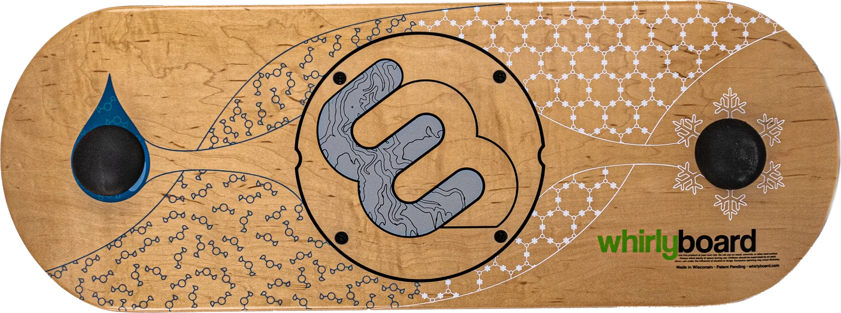 The underside of the maple Whirly Complete deck: a water droplet and liquid water molecules on one end, an ice lattice and snowflakes on the other, and the MagLock3 ring with its alignment notches in the middle