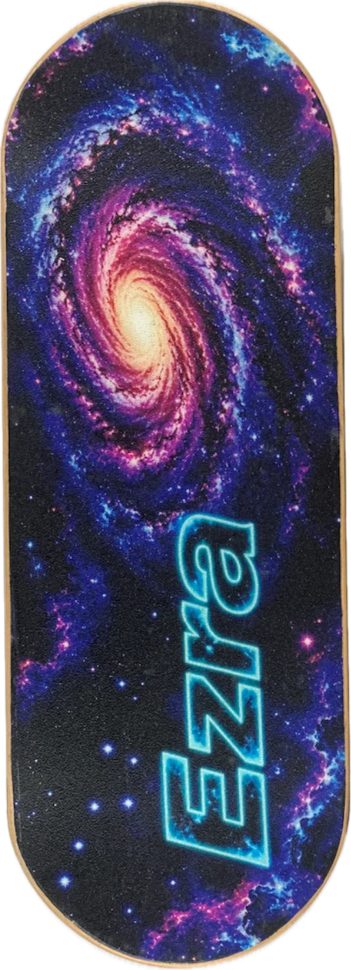 Custom Whirly Board: purple galaxy design with the name Ezra in neon blue