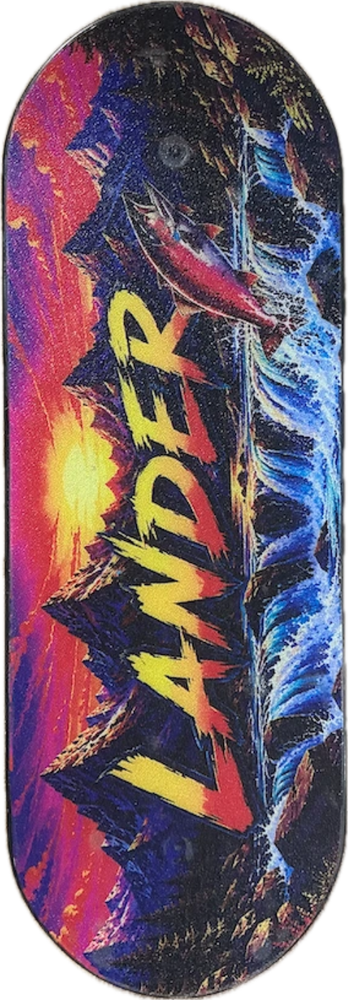Custom Whirly Board: mountain sunset, salmon and waterfall art with the name Lander