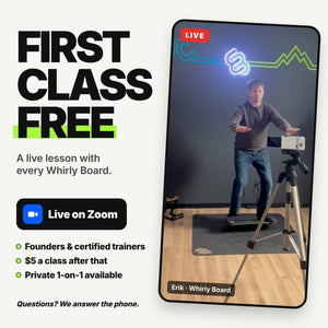 First class free: a live Zoom balance board lesson with every Whirly Board, taught by founders and certified trainers