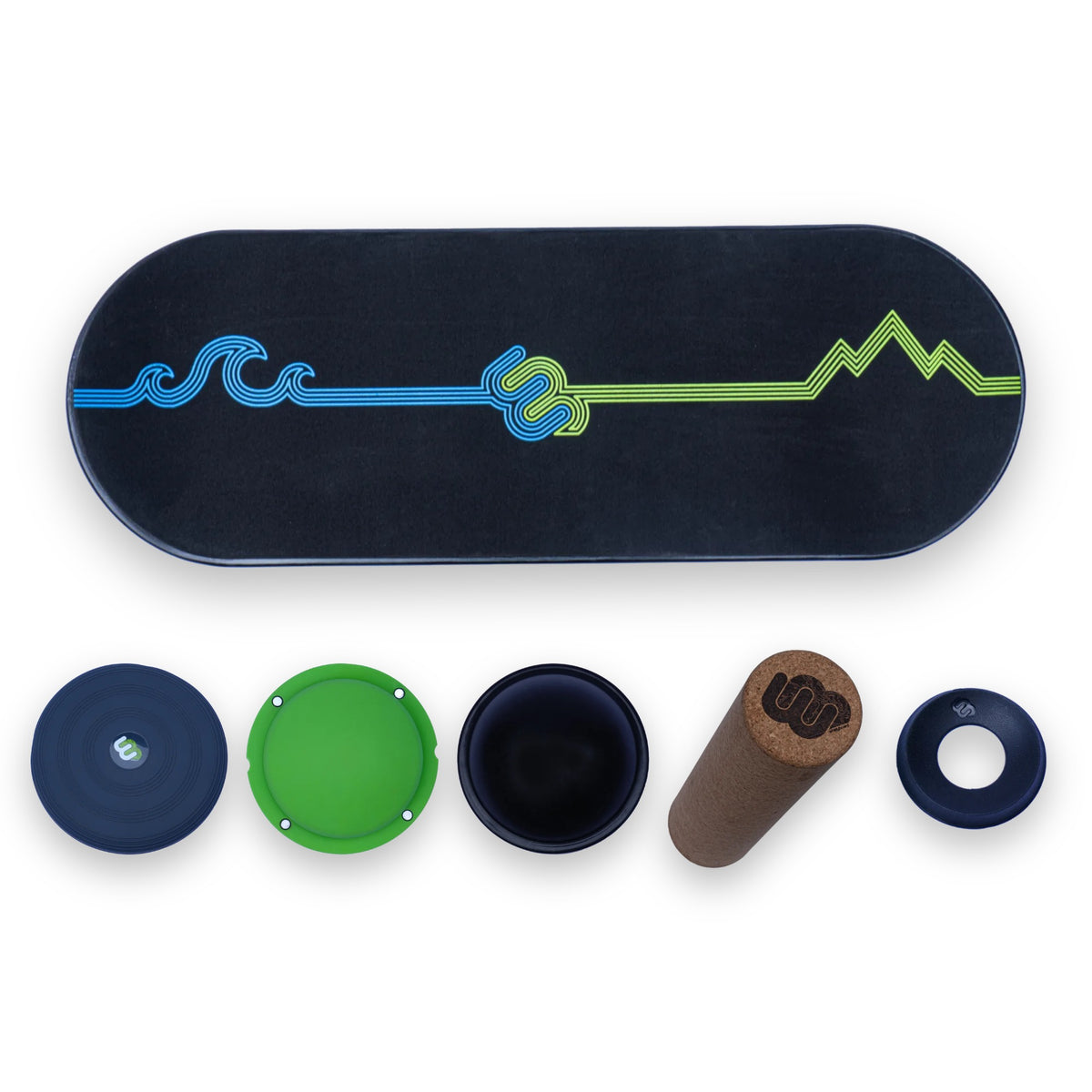 Whirly Complete Full Progression set: Foundation Deck, SoftStart Cushion, green ball, black ball, cork Roller and Stabilizer Ring on a white background