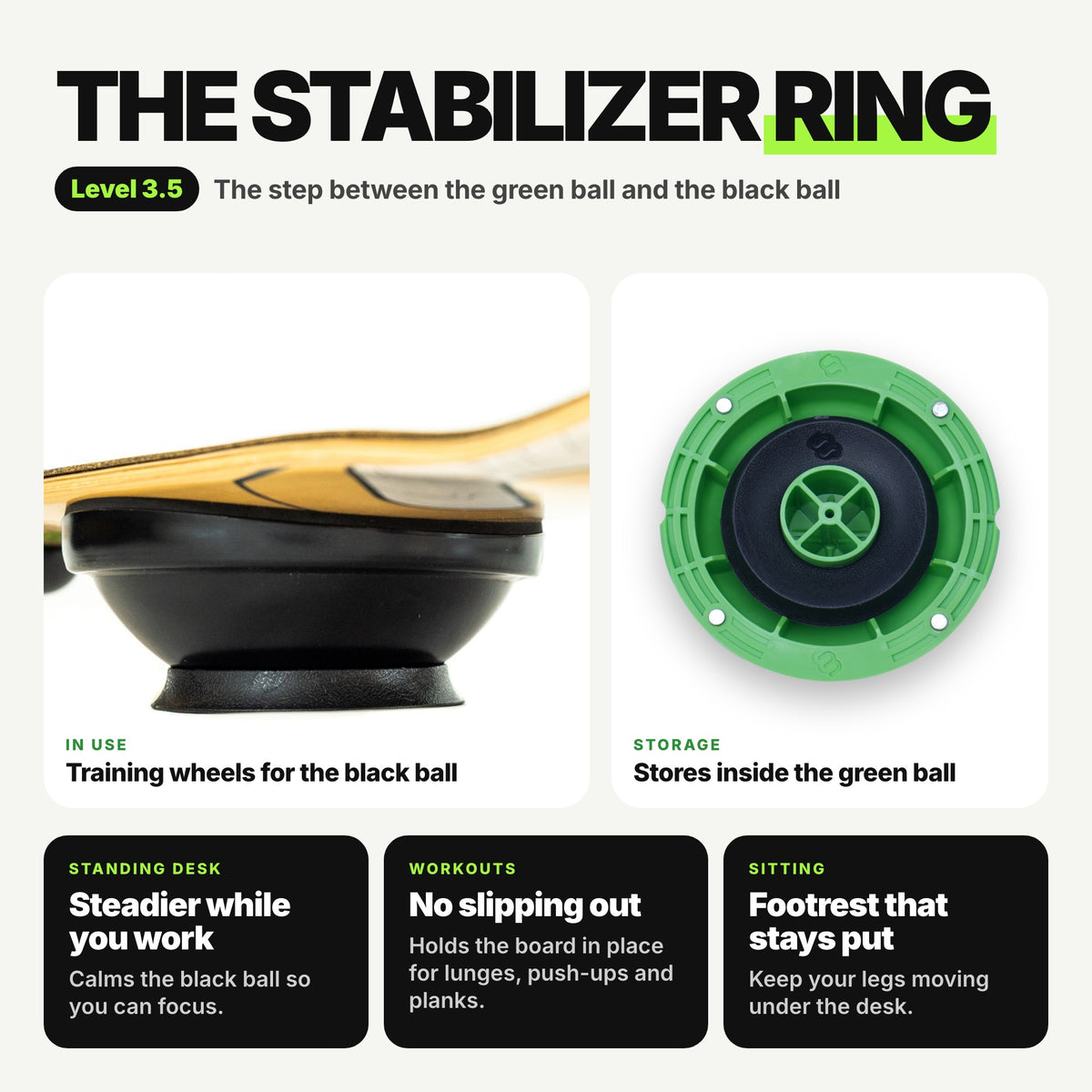 The Stabilizer Ring, Level 3.5: sits under the black ball for a steadier ride and stores inside the green ball
