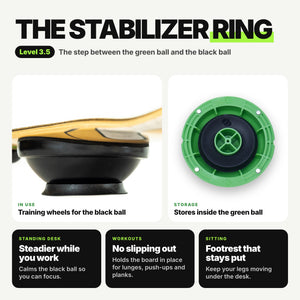 The Stabilizer Ring, Level 3.5: sits under the black ball for a steadier ride and stores inside the green ball