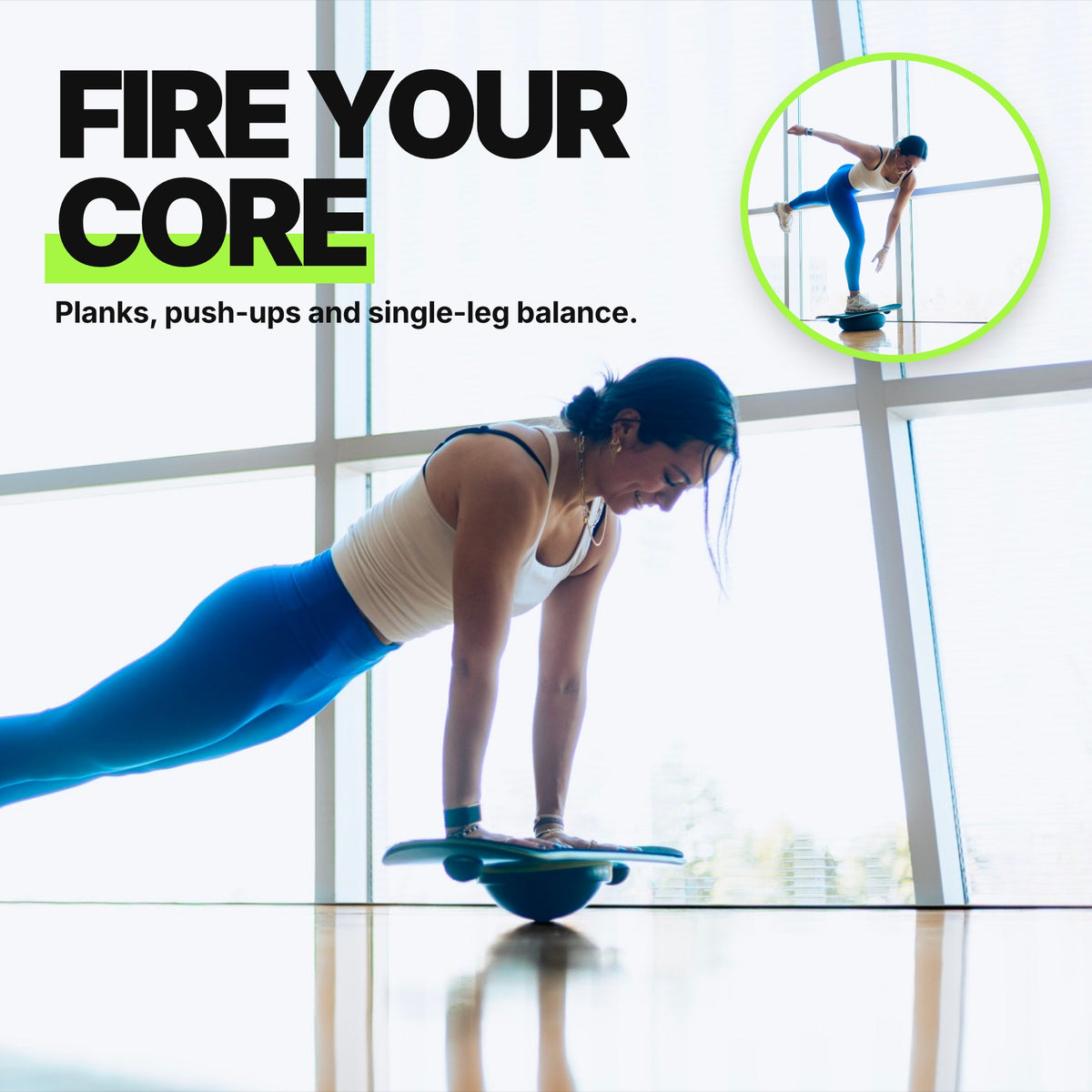 Fire your core: woman holding a plank with her hands on the Whirly Complete, plus a single-leg balance on the board