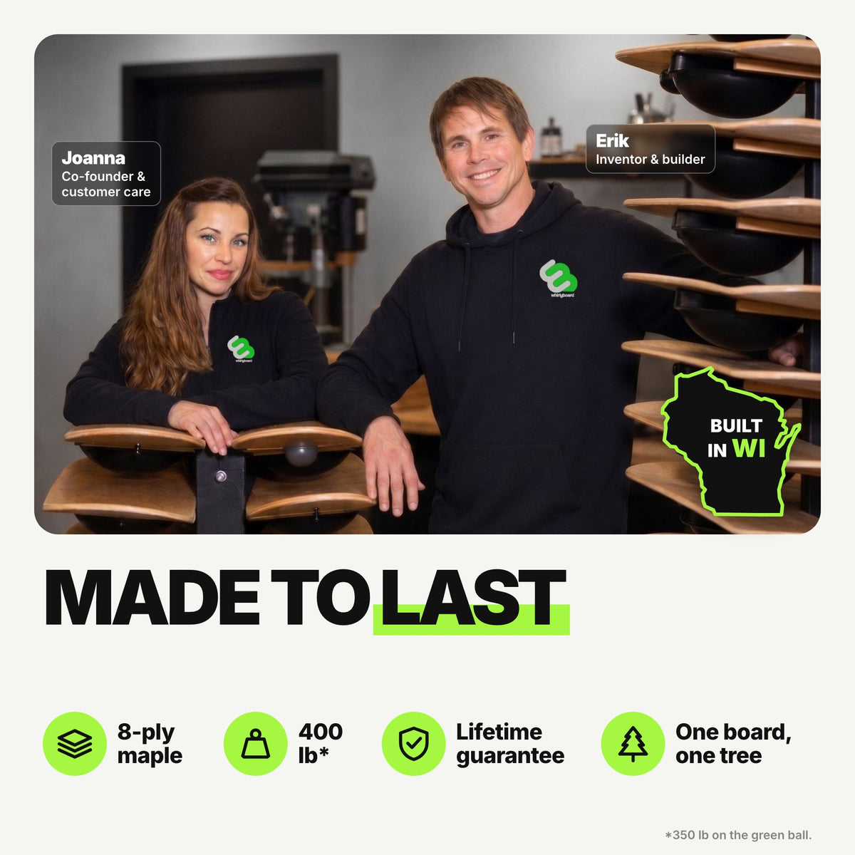 Made to last: Whirly Board founders Joanna and Erik in their Wisconsin workshop. 8-ply maple, 400 lb rider limit, lifetime guarantee