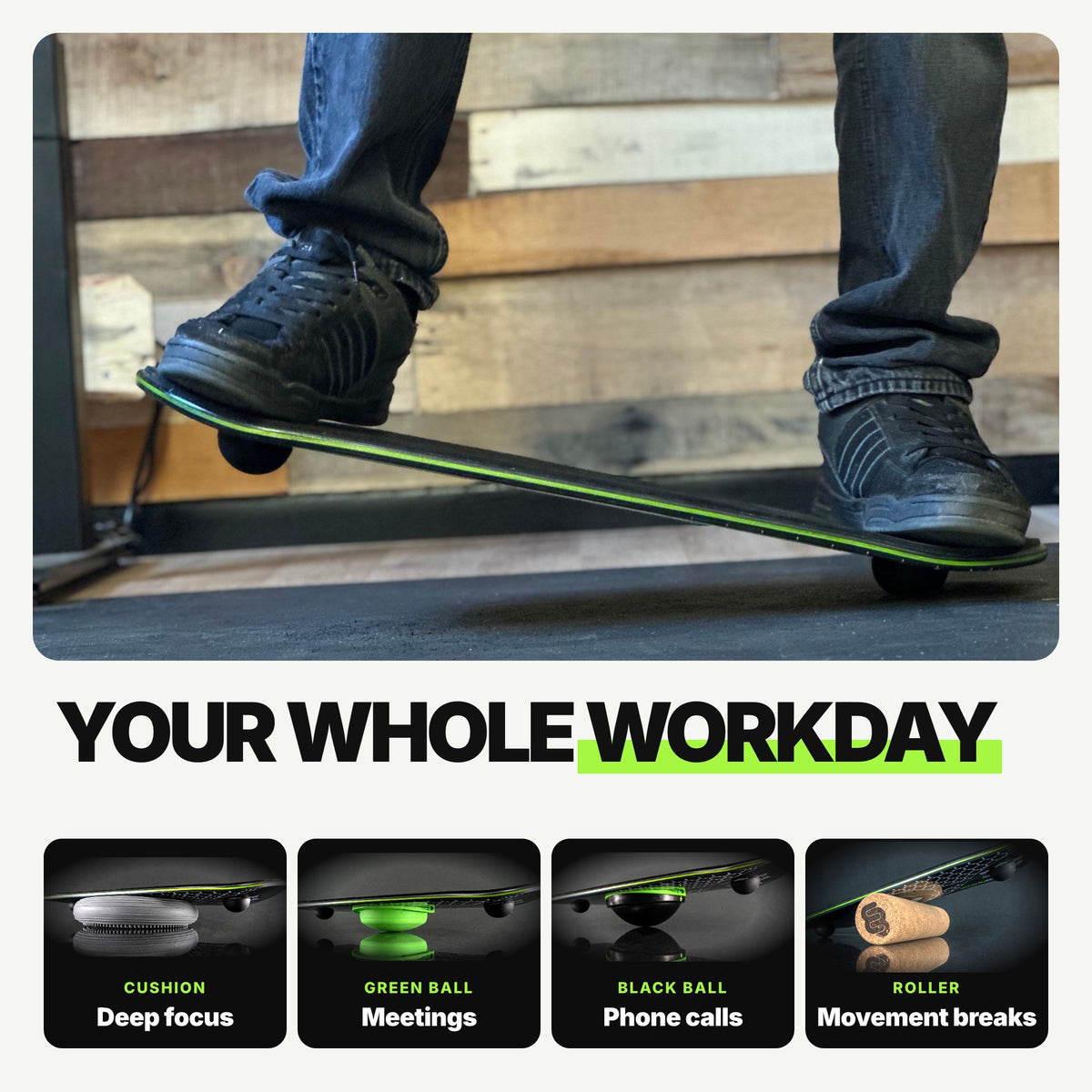 Your whole workday: feet on a Whirly Complete at a standing desk, with levels for deep focus, meetings, phone calls and movement breaks