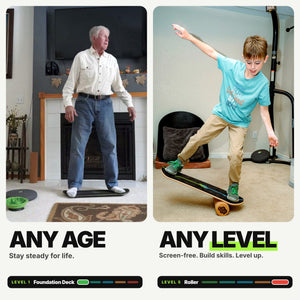 Any age, any level: an older man balancing on the Foundation Deck and a boy riding the Whirly Complete on the Roller