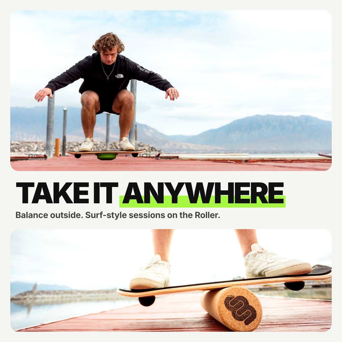Take it anywhere: rider jumping on a Whirly Complete on a lakeside dock, and a close-up of feet balancing on the cork Roller