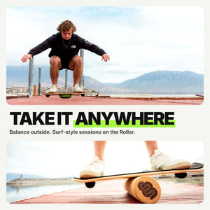 Take it anywhere: rider jumping on a Whirly Complete on a lakeside dock, and a close-up of feet balancing on the cork Roller