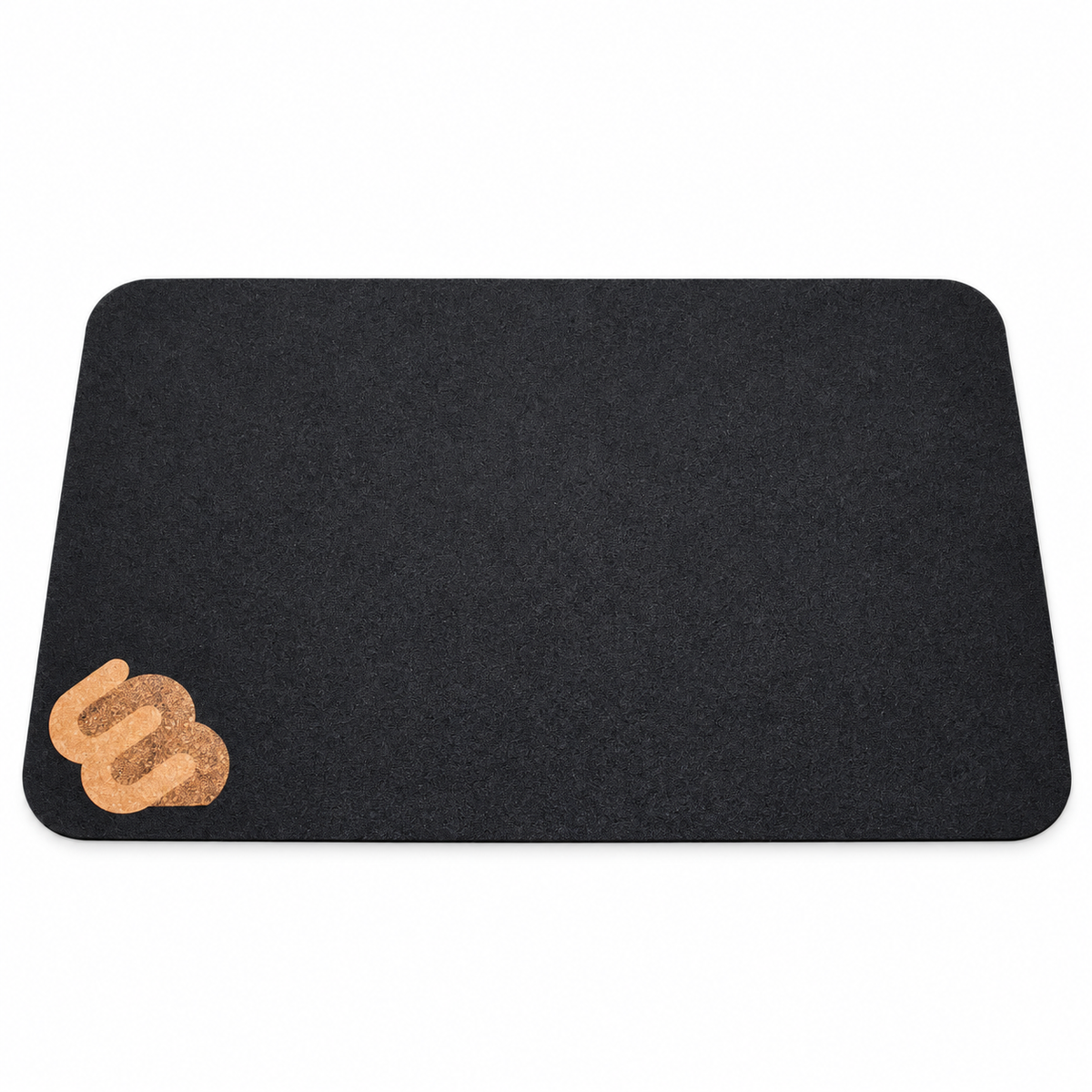 Desk Whirly Mat in recycled black rubber with cork WB logo